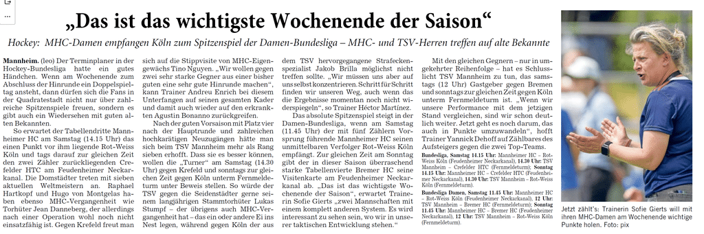 Ein Zeitungsartikel über Hockey mit einer Trainerin im Fokus, die klatscht. Das ist das wichtigste Wochenende der Saison für die MHC-Damen.