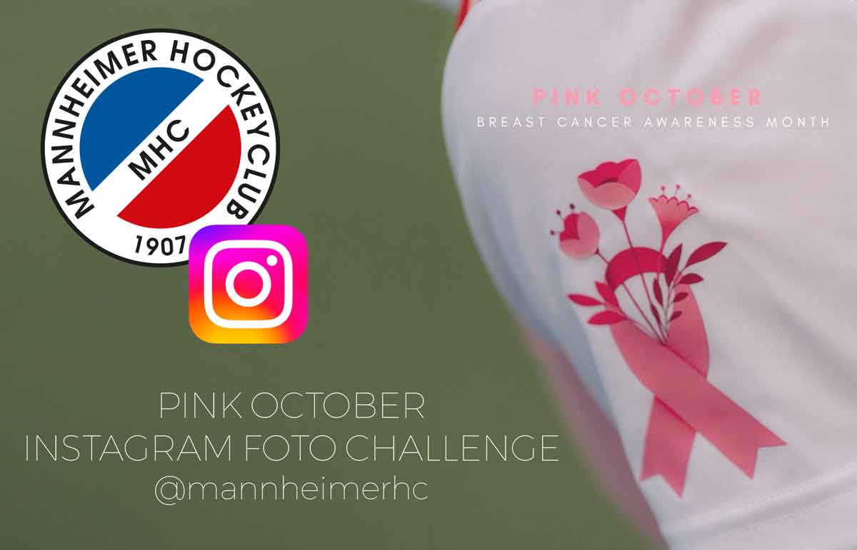 Ein grafischer Entwurf für die Pink October Aktion des Mannheimer Hockey Club mit Logo, Instagram-Symbol und einer rosa Schleife auf weißem Stoff.